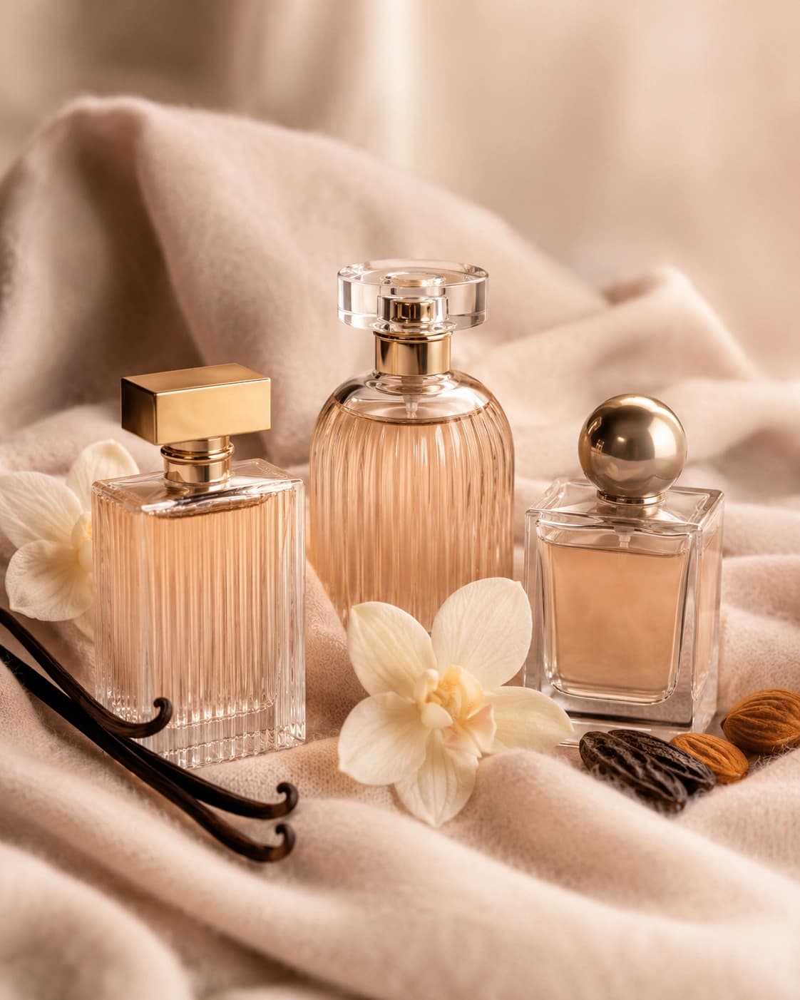 Perfume and skincare products styled on a boutique display table