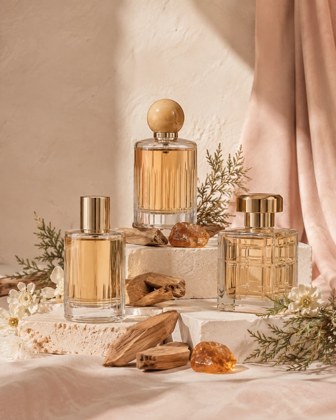Fragrance bottles and dried botanicals styled on a boutique counter